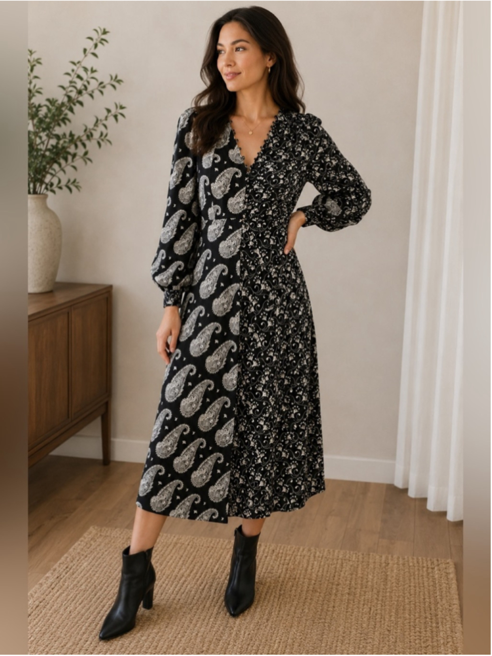 Ted Baker Black & White Mixed Paisley Midi Dress Size 2 Boho Designer Occasion